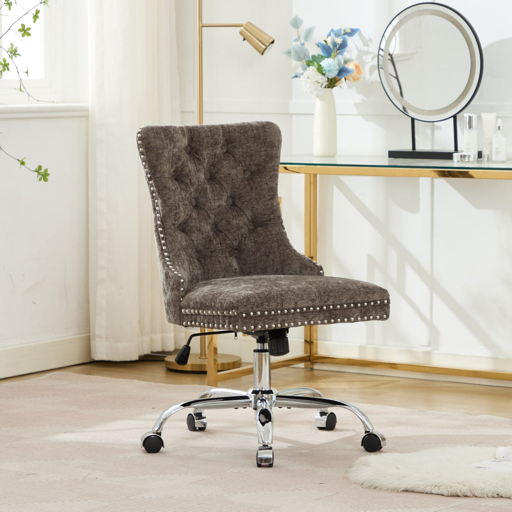 Fauteuil de Bureau en Chenille Gris – Capitonné & Base Chromée Réglable