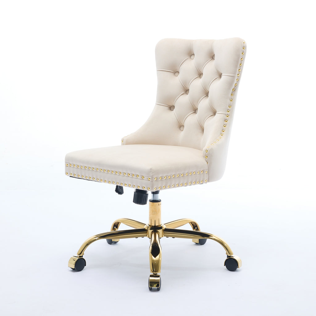 Fauteuil de Bureau en Velours Beige – Design Capitonné & Base Dorée