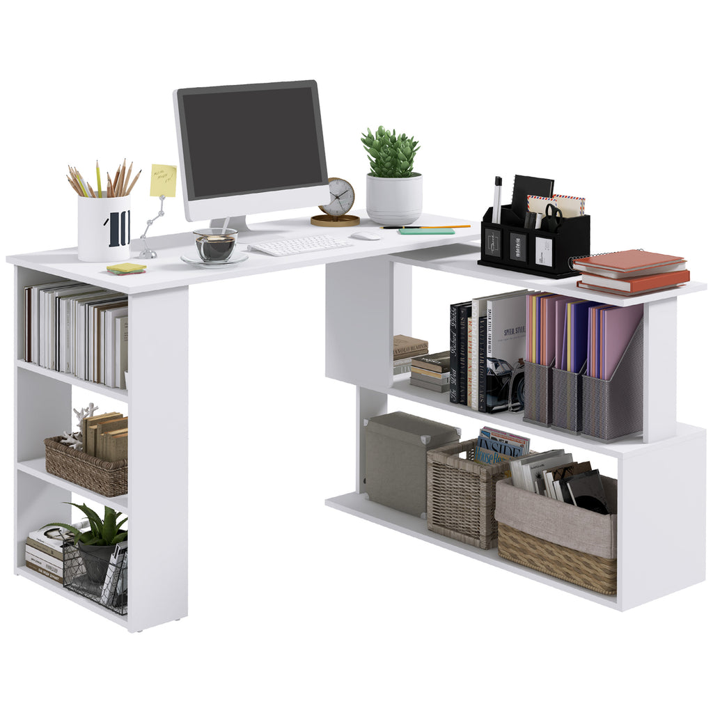 360 Rotating Home Office Desk L Shaped Corner Computer Desk With Storage Shelves, Writing Table Workstation, White 