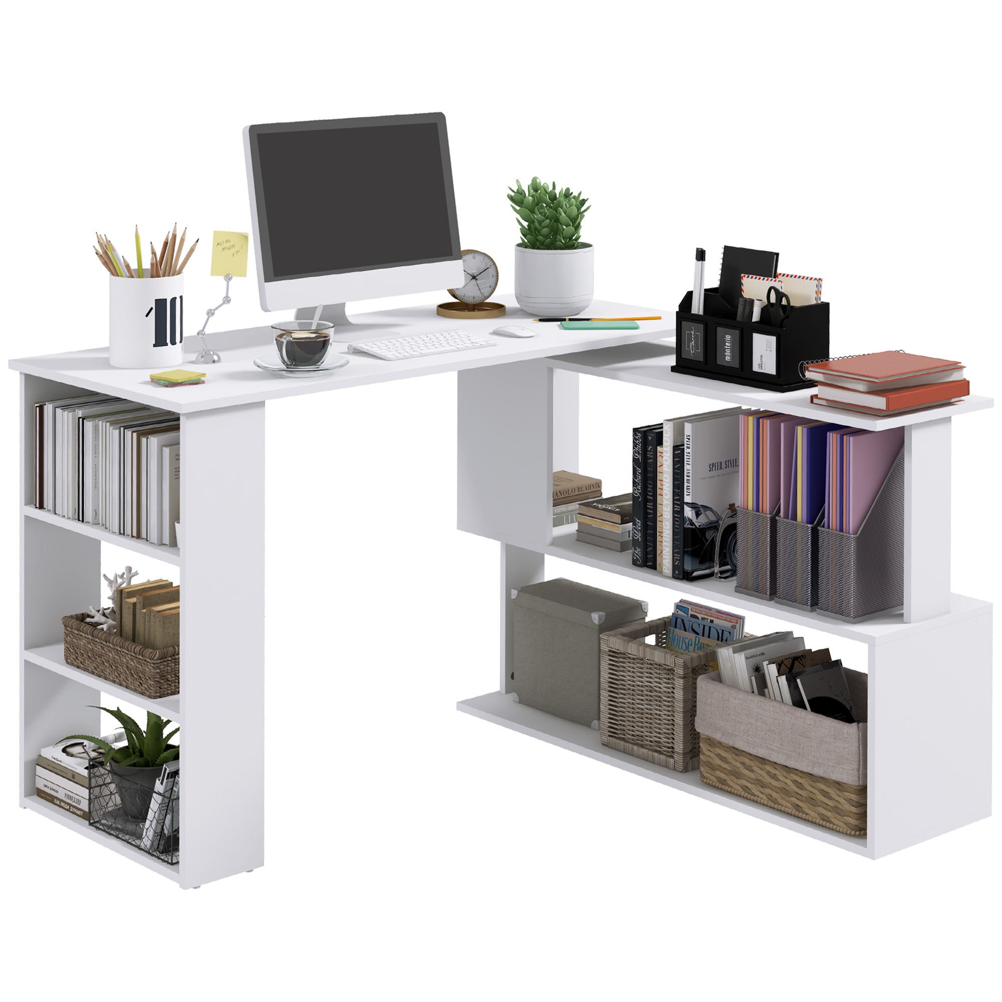 360 Rotating Home Office Desk L Shaped Corner Computer Desk With Storage Shelves, Writing Table Workstation, White 