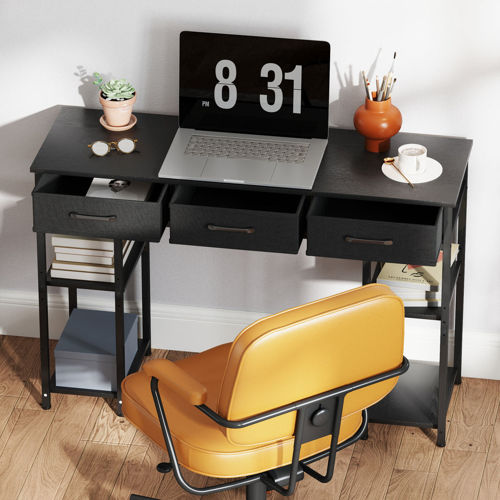 Bureau Compact avec Étagères et Tiroirs Tissu – 47", Noir