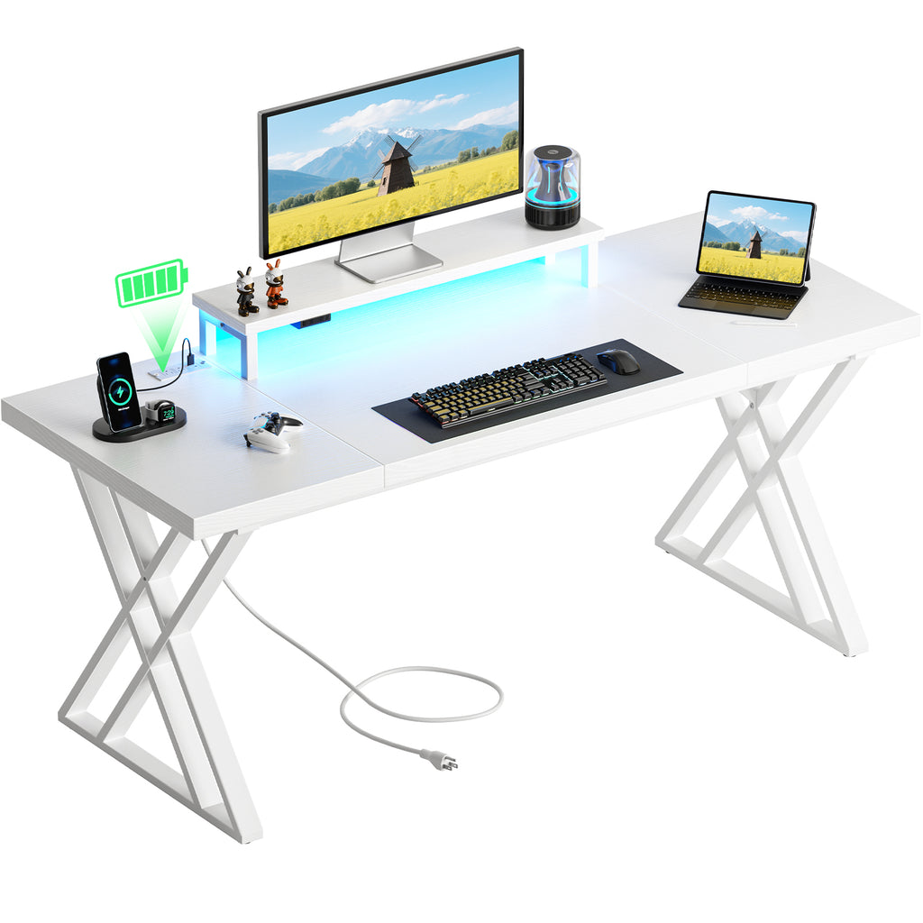 Bureau d’Ordinateur Professionnel 180 cm – Blanc | Plateau Épais, Station USB, Bande LED Discrète, Support Écran Ergonomique