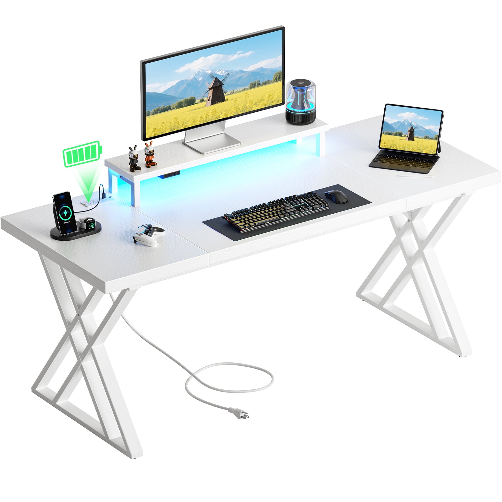 Bureau d’Ordinateur Professionnel 180 cm – Blanc | Plateau Épais, Station USB, Bande LED Discrète, Support Écran Ergonomique