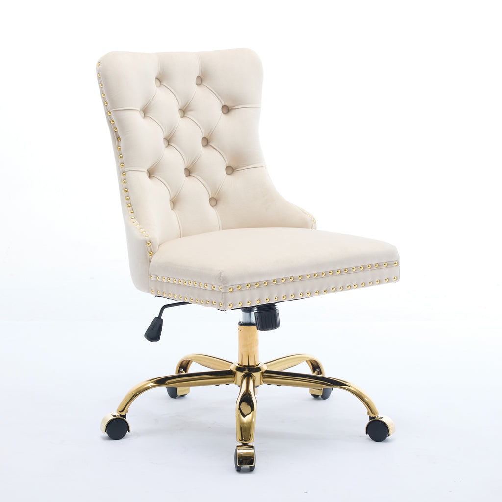 Fauteuil de Bureau en Velours Beige – Design Capitonné & Base Dorée