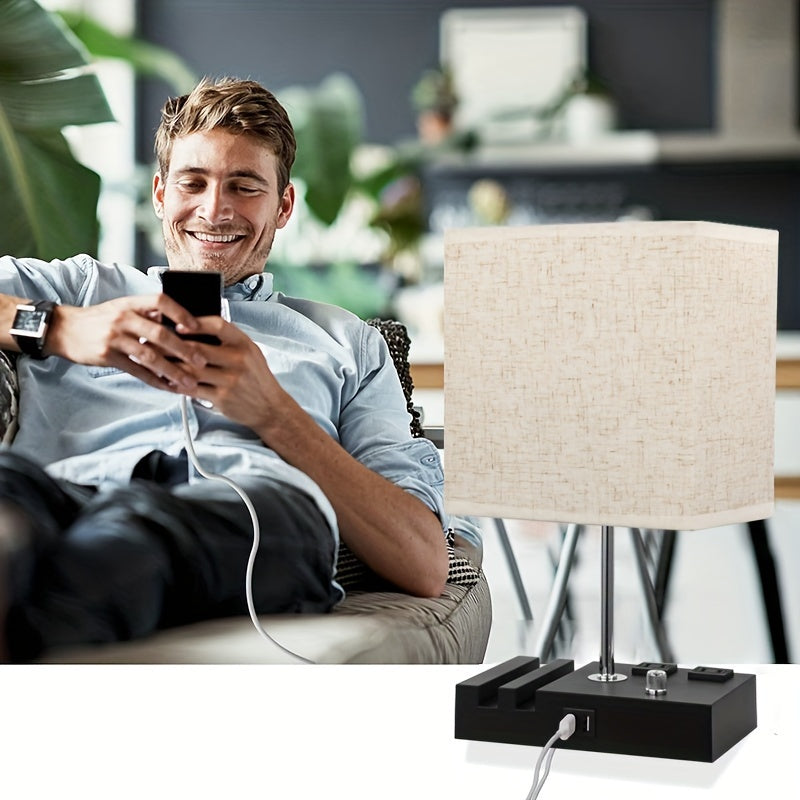 Lampe de Bureau avec Ports USB & Station de Charge – Intensité Réglable, Abat-jour Tissu, Ampoule LED Incluse