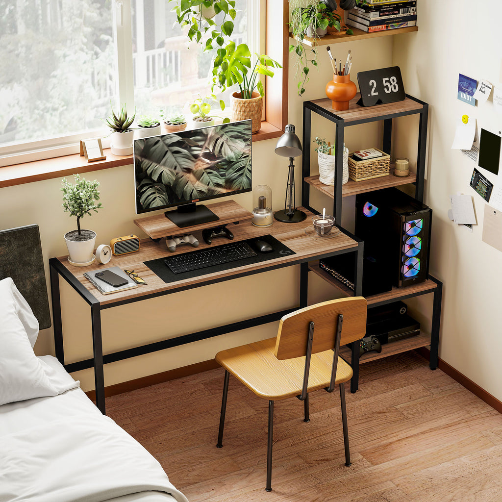 Industrial Computer Desk with Monitor Stand and Reversible Shelves – 170 cm, Black Metal &amp; Brown Wood Frame | DeskHarmony