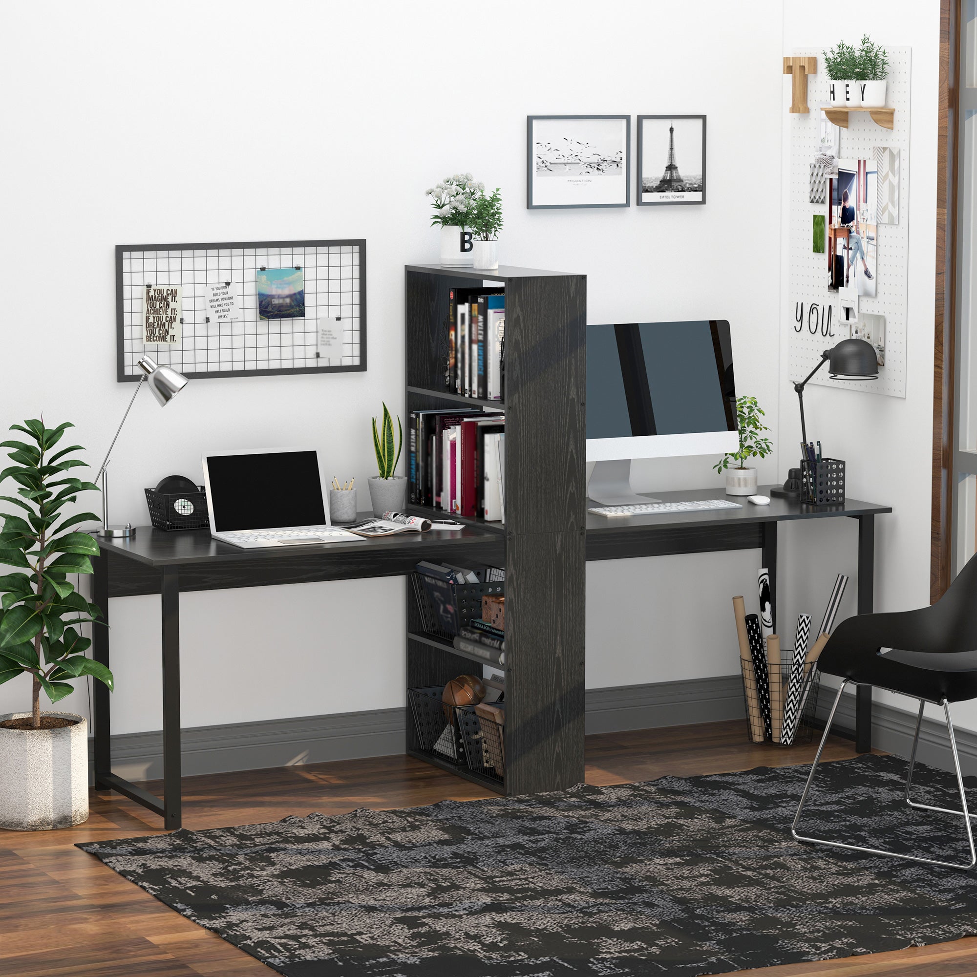 DeskHarmony Double Desk – 2-Person Workstation with Integrated Bookshelf – Black