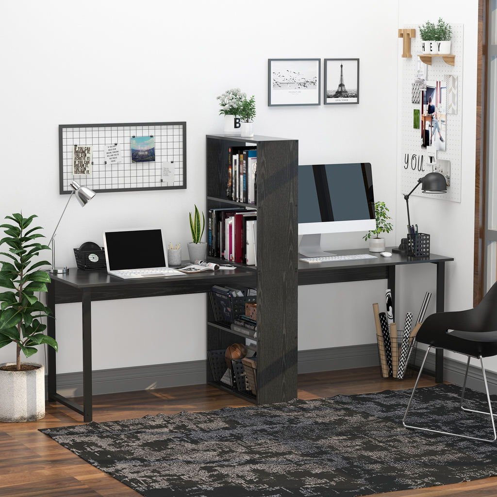 DeskHarmony Double Desk – 2-Person Workstation with Integrated Bookshelf – Black