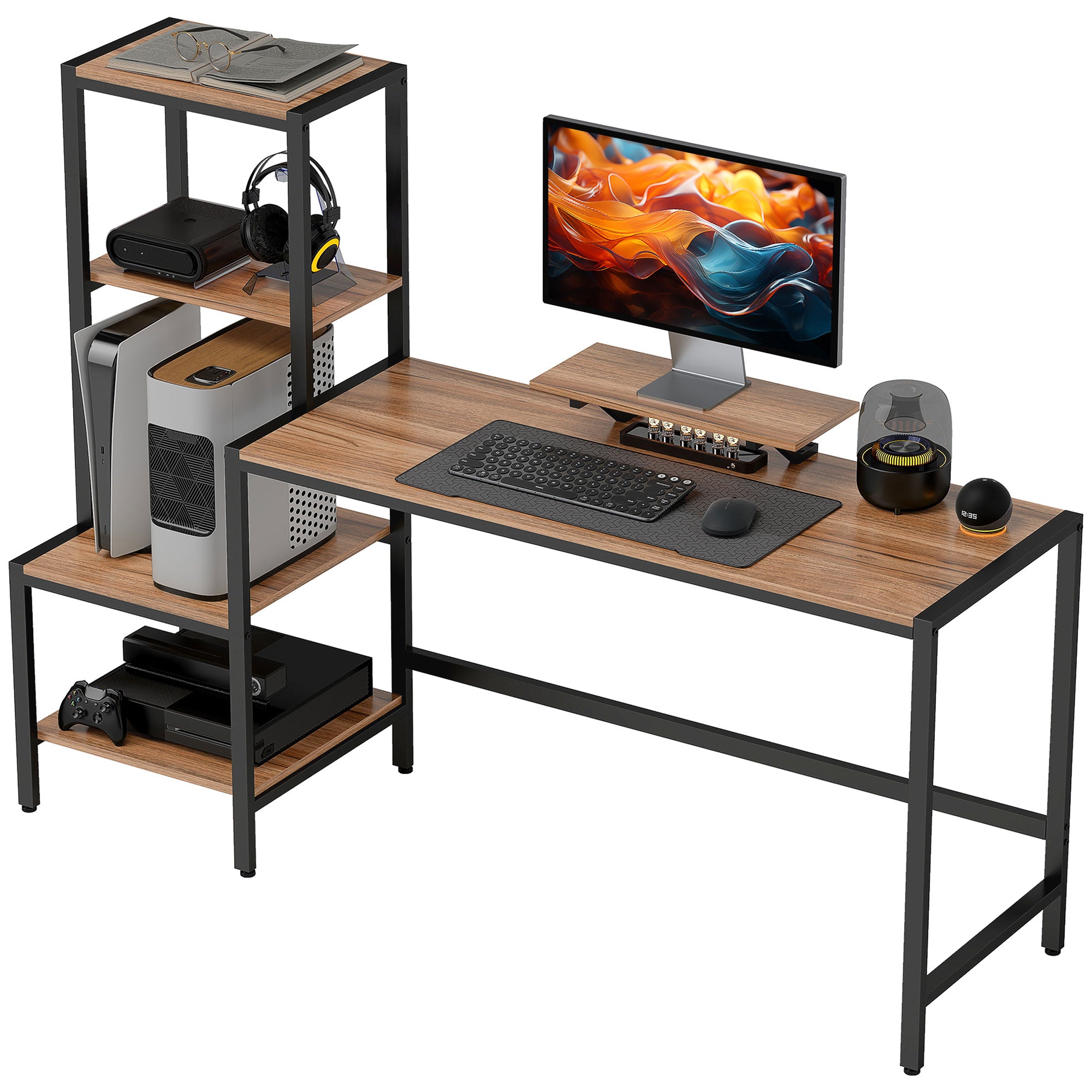 Industrial Computer Desk with Monitor Stand and Reversible Shelves – 170 cm, Black Metal &amp; Brown Wood Frame | DeskHarmony