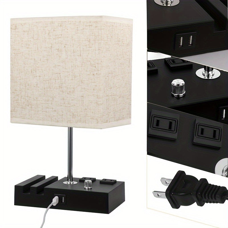 Lampe de Bureau avec Ports USB & Station de Charge – Intensité Réglable, Abat-jour Tissu, Ampoule LED Incluse