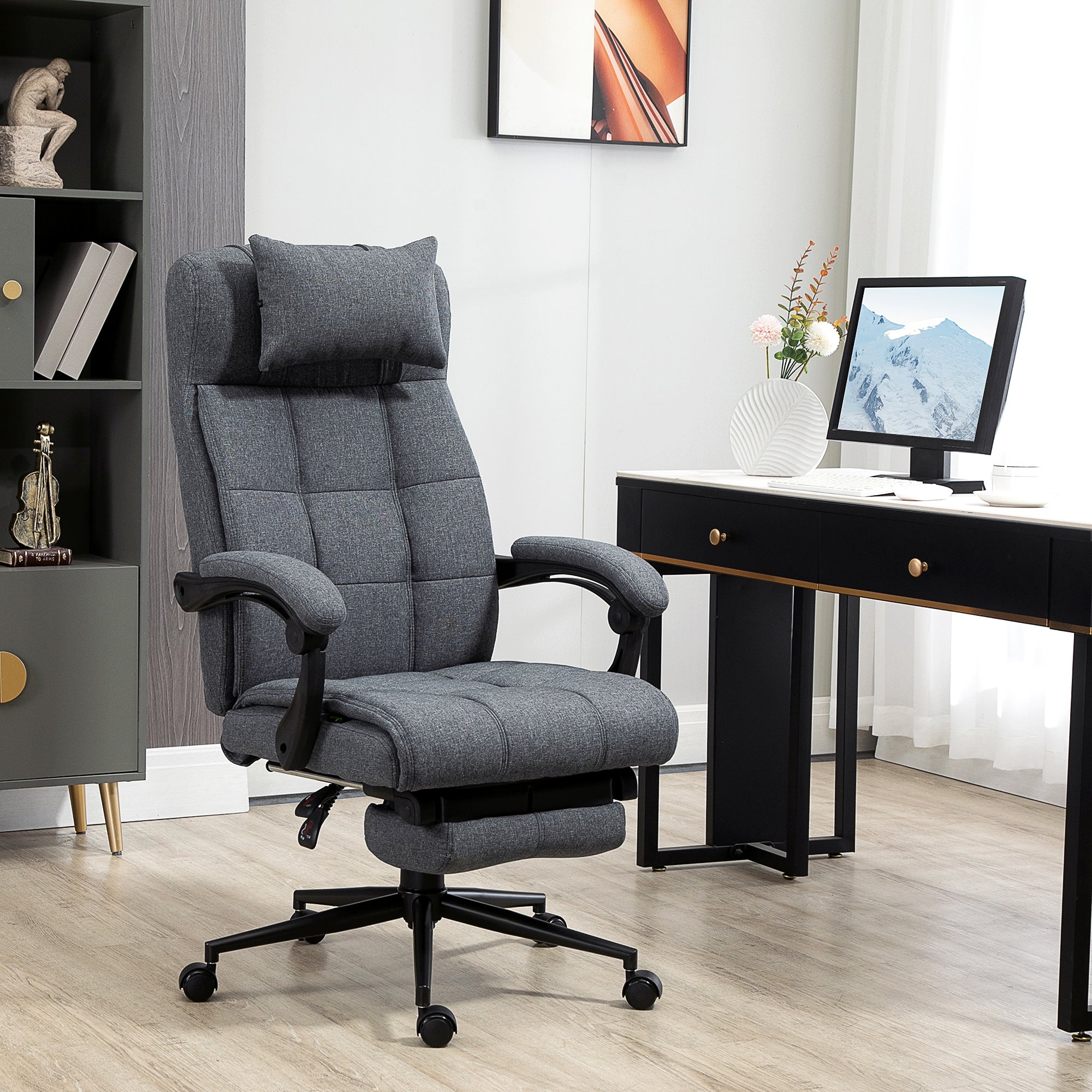 Fauteuil de Bureau Inclinable avec Repose-Pieds – Tissu Effet Lin & Dossier Haut